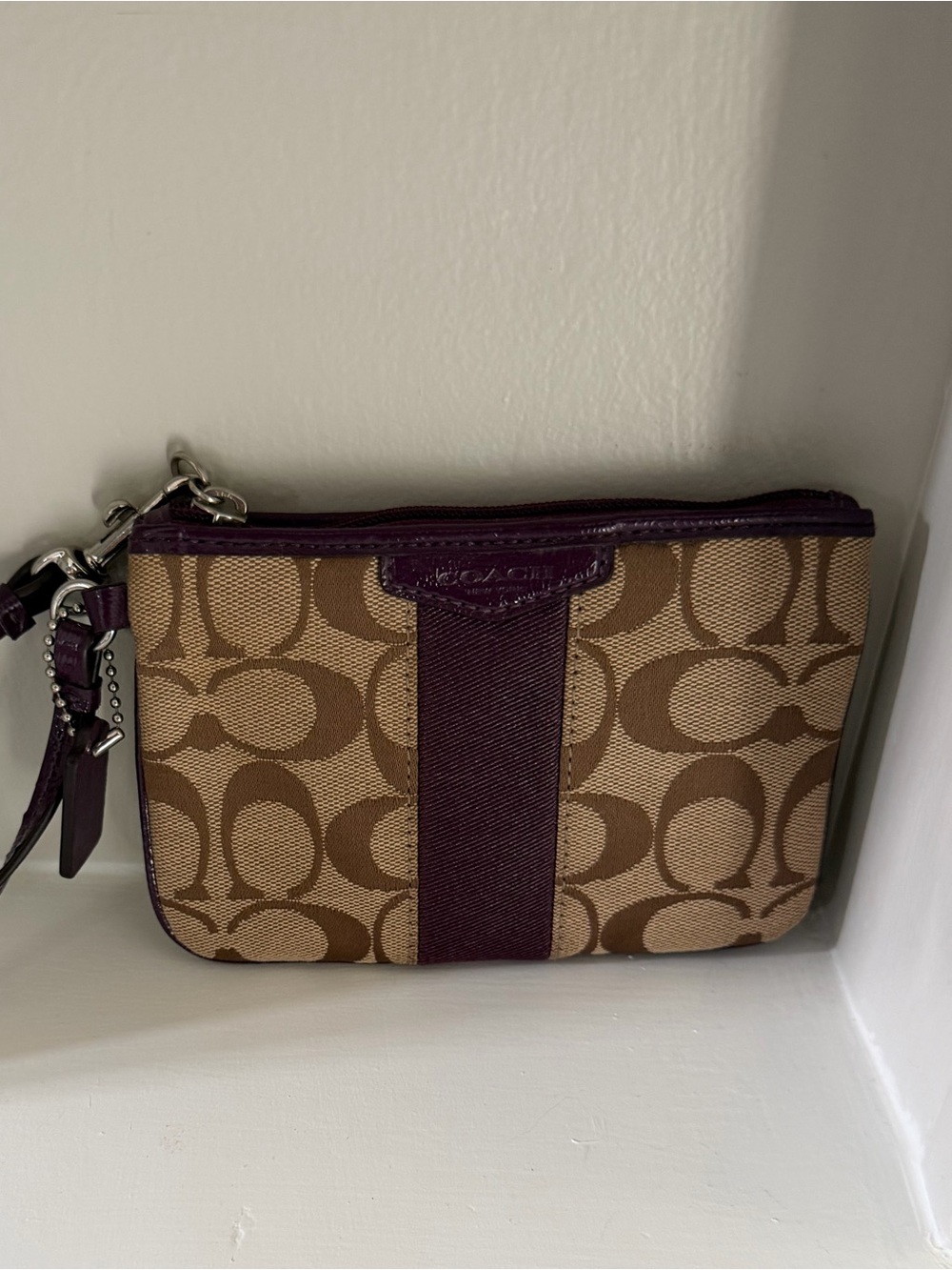 Coach F52281 Signature Stripe Wristlet Purple Khaki Y2K